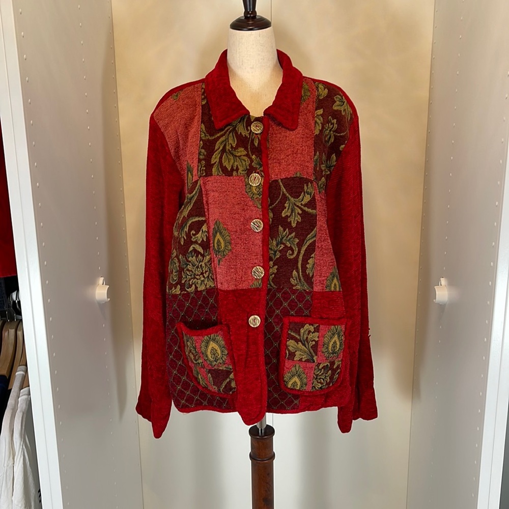 Coldwater Creek Red Patchwork Button Jacket Size … - image 1